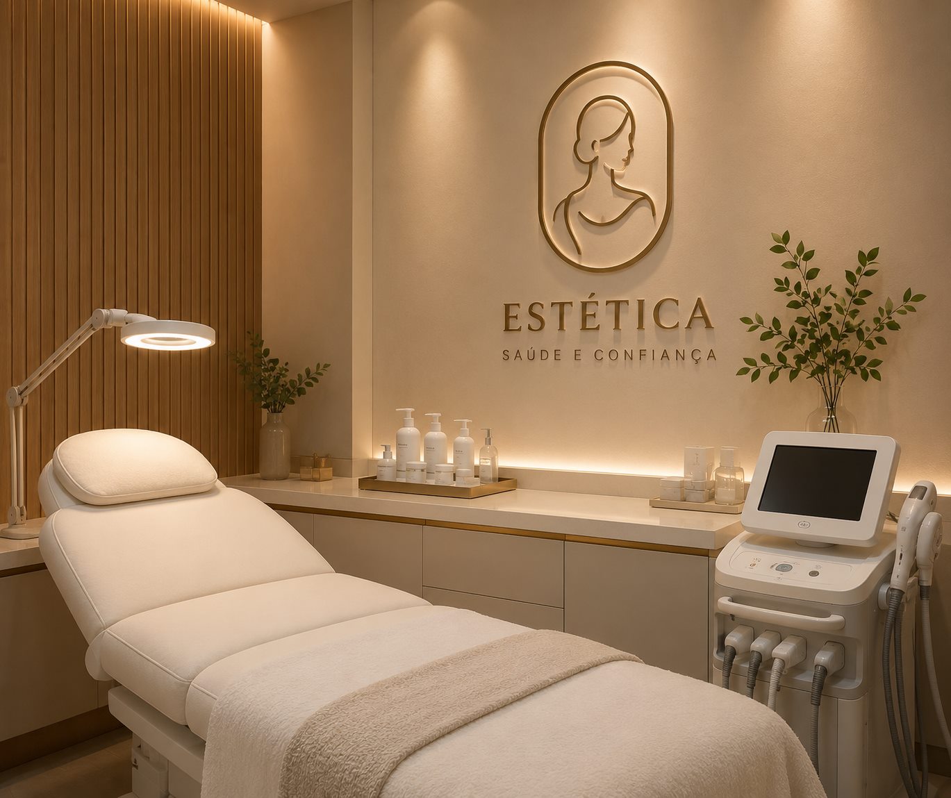 Sala de atendimento estético: maca preparada, luminária de aumento, bancada com produtos e aparelho de estética